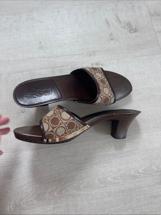 Salvatore Ferragamo Shoes - Salvatore Ferragamo Brown Monogram Mid-Heel Slide Mules